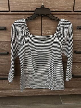 LOFT Black & White Striped Square Neck Long Sleeve Top